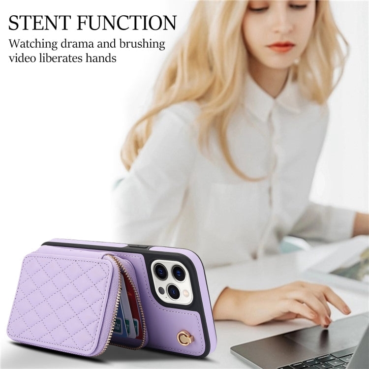 For iPhone 12 Pro Max AwQuer Crossbody Zipper Wallet Rhombic Leather Back Phone Case(Purple)