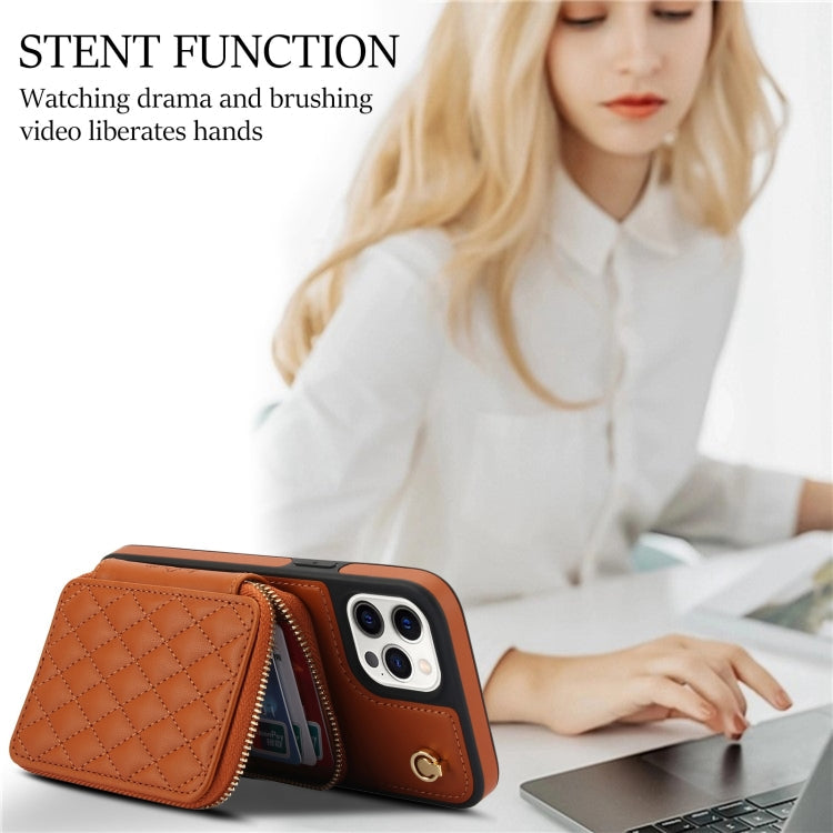 For iPhone 12 Pro Max AwQuer Crossbody Zipper Wallet Rhombic Leather Back Phone Case(Brown)