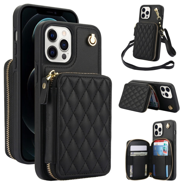 For iPhone 11 Pro Max AwQuer Crossbody Zipper Wallet Rhombic Leather Back Phone Case(Black)