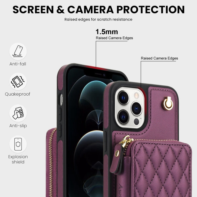 For iPhone 11 Pro Max AwQuer Crossbody Zipper Wallet Rhombic Leather Back Phone Case(Dark Purple)