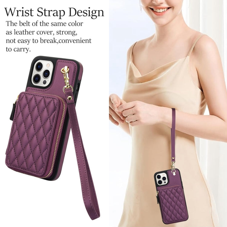 For iPhone 11 Pro Max AwQuer Crossbody Zipper Wallet Rhombic Leather Back Phone Case(Dark Purple)