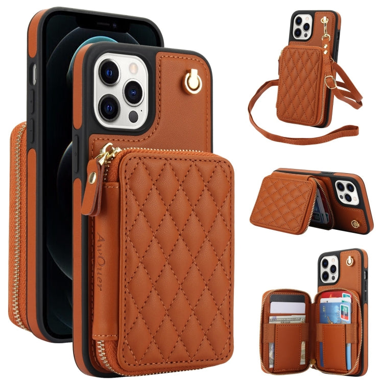 For iPhone 11 Pro Max AwQuer Crossbody Zipper Wallet Rhombic Leather Back Phone Case(Brown)