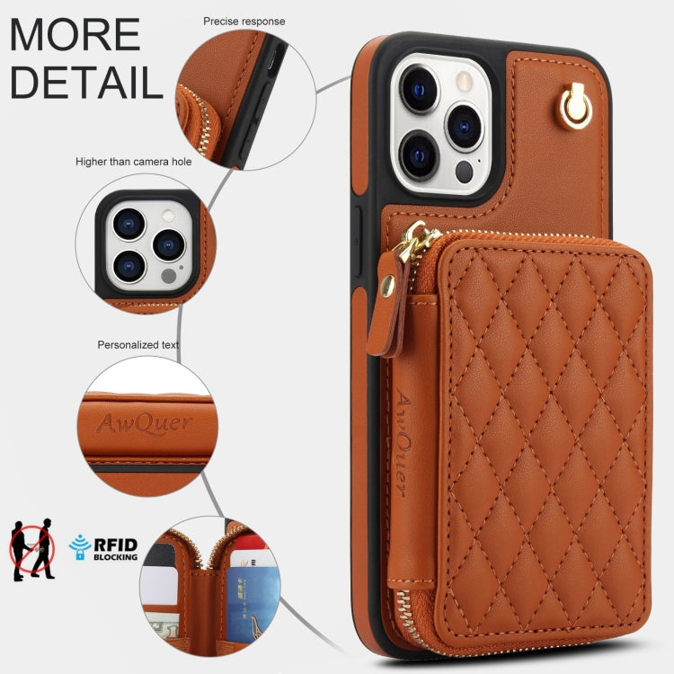 For iPhone 11 Pro Max AwQuer Crossbody Zipper Wallet Rhombic Leather Back Phone Case(Brown)