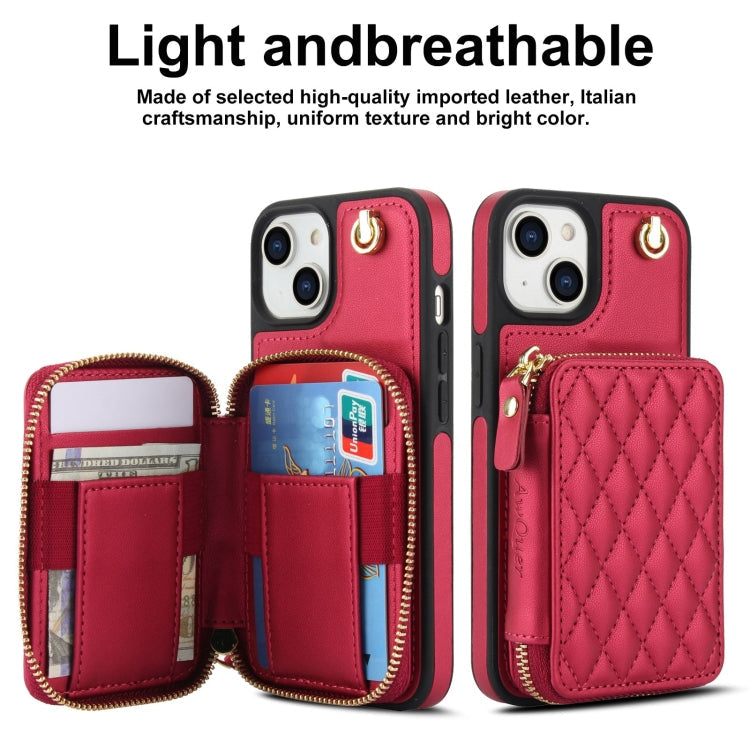 For iPhone 11 AwQuer Crossbody Zipper Wallet Rhombic Leather Back Phone Case(Red)