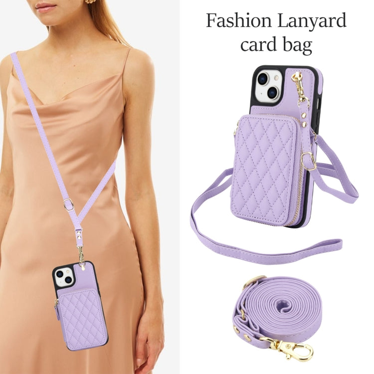For iPhone 11 AwQuer Crossbody Zipper Wallet Rhombic Leather Back Phone Case(Purple)