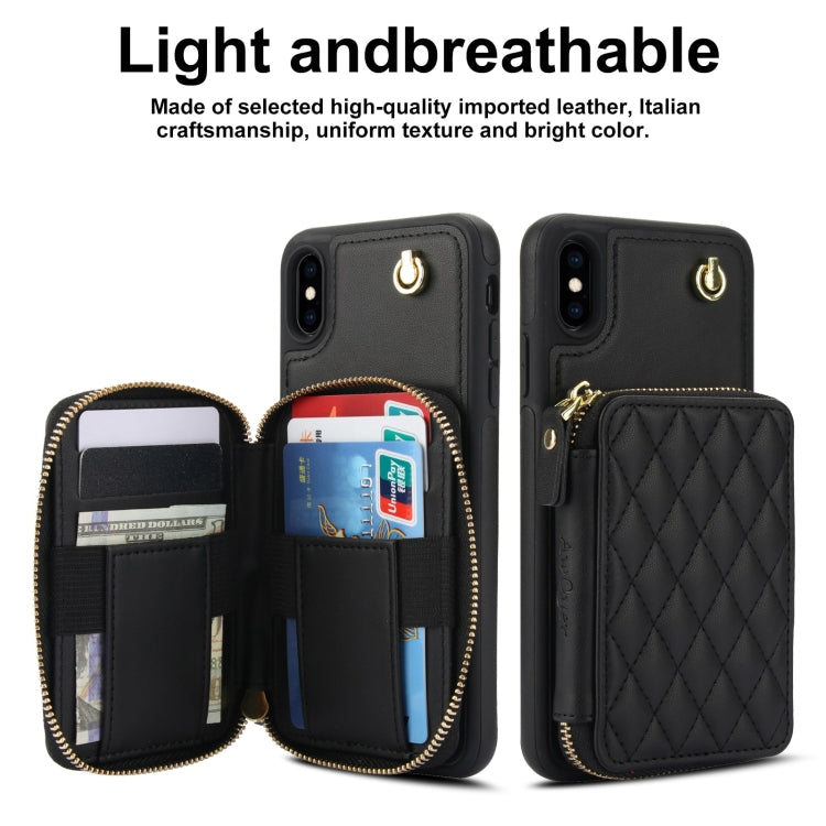 For iPhone XR AwQuer Crossbody Zipper Wallet Rhombic Leather Back Phone Case(Black)