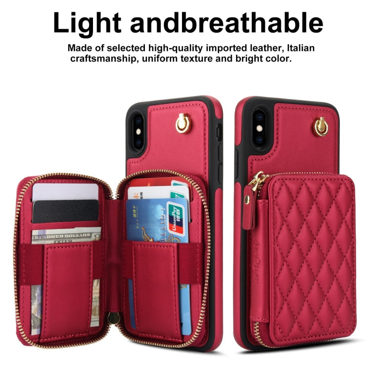 For iPhone XR AwQuer Crossbody Zipper Wallet Rhombic Leather Back Phone Case(Red)