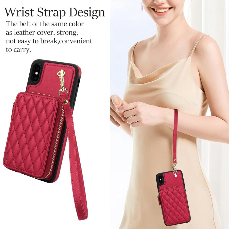 For iPhone XR AwQuer Crossbody Zipper Wallet Rhombic Leather Back Phone Case(Red)