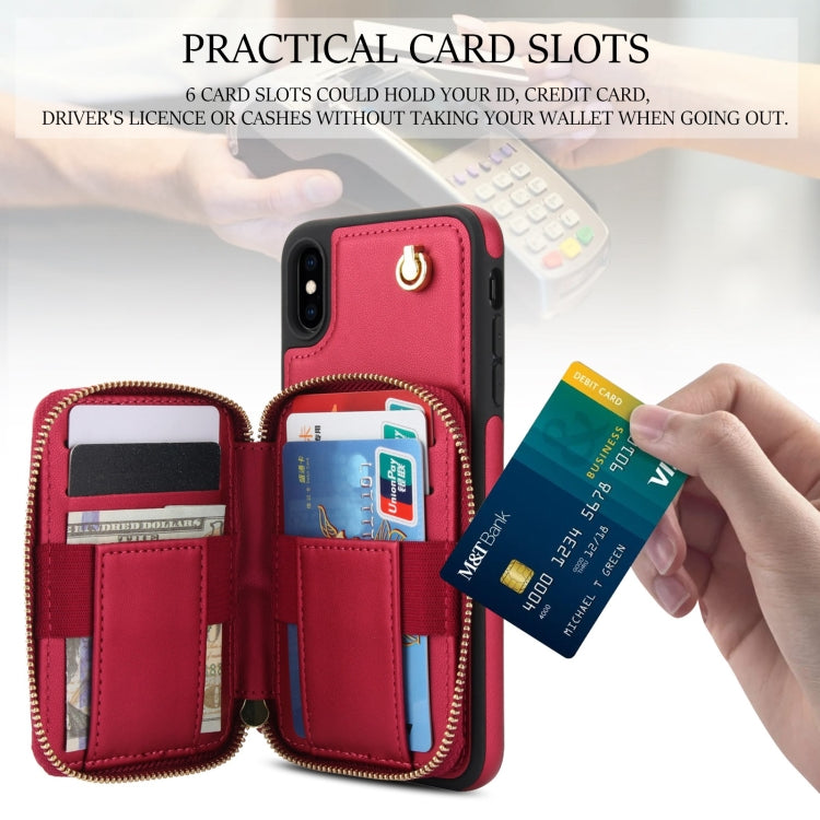 For iPhone XR AwQuer Crossbody Zipper Wallet Rhombic Leather Back Phone Case(Red)