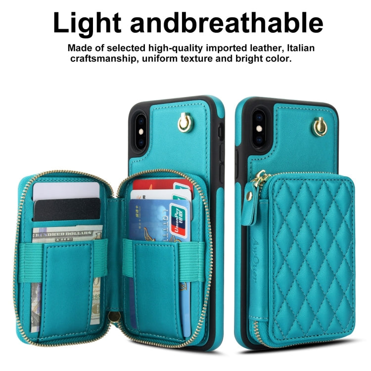 For iPhone XR AwQuer Crossbody Zipper Wallet Rhombic Leather Back Phone Case(Green)
