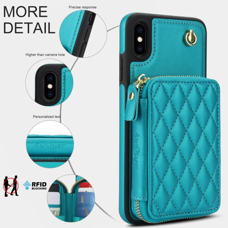 For iPhone XR AwQuer Crossbody Zipper Wallet Rhombic Leather Back Phone Case(Green)
