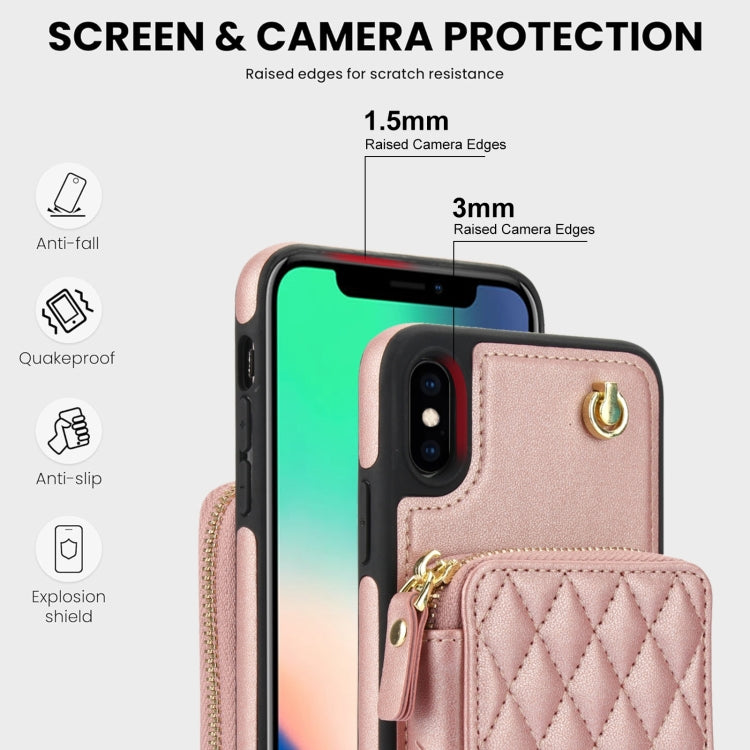 For iPhone XR AwQuer Crossbody Zipper Wallet Rhombic Leather Back Phone Case(Rose Gold)