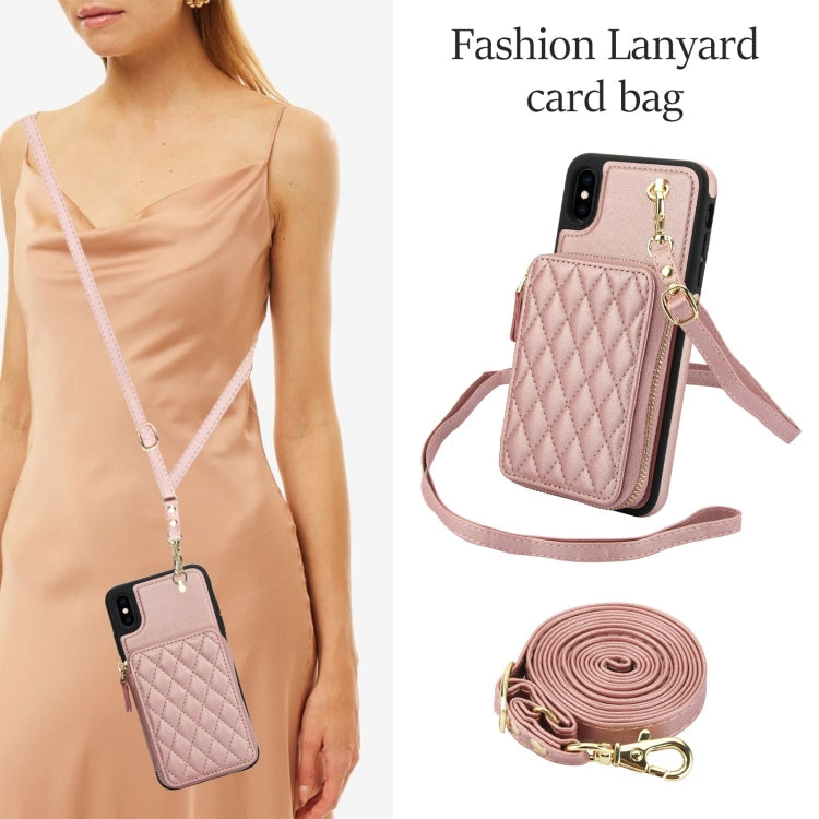 For iPhone XR AwQuer Crossbody Zipper Wallet Rhombic Leather Back Phone Case(Rose Gold)