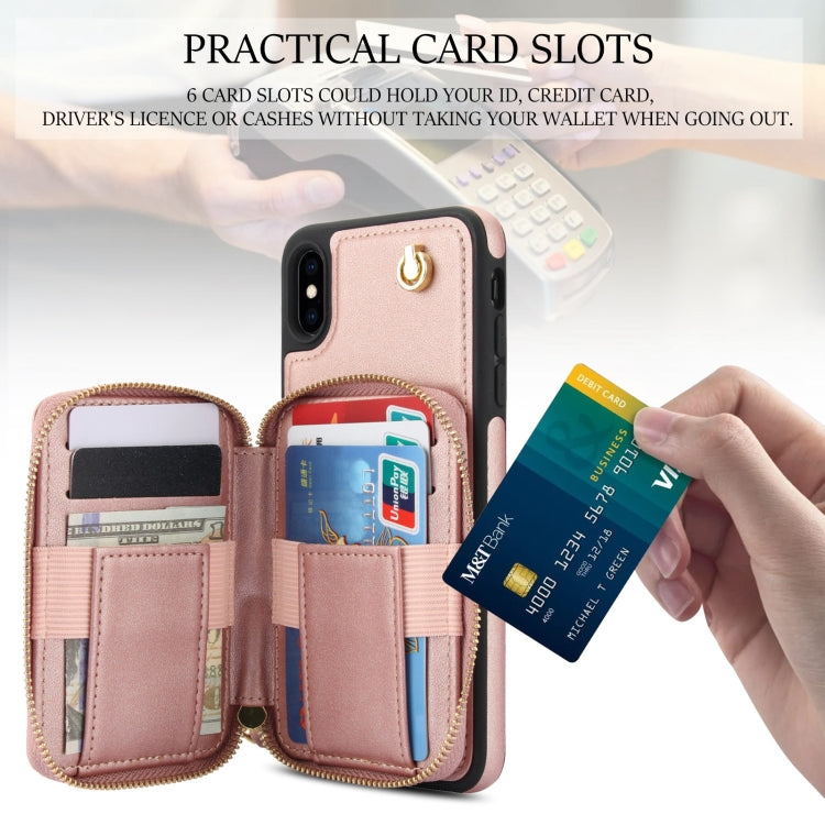 For iPhone XR AwQuer Crossbody Zipper Wallet Rhombic Leather Back Phone Case(Rose Gold)