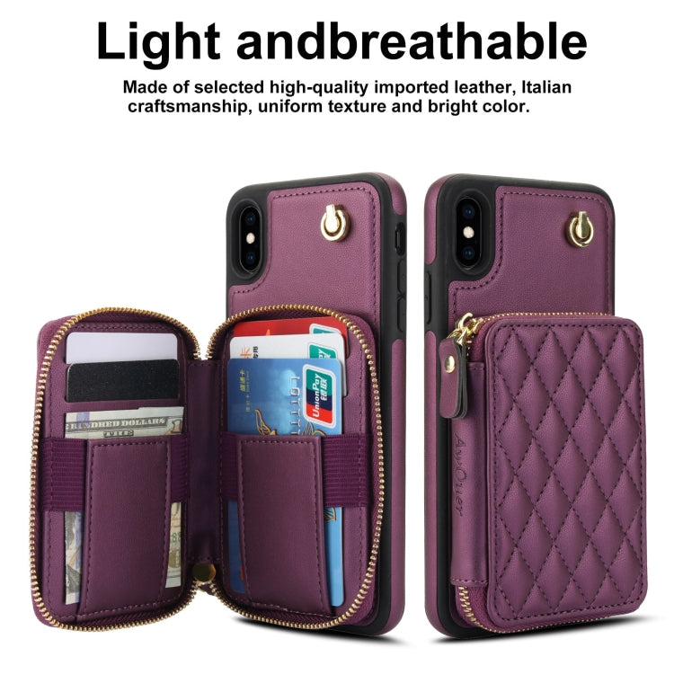 For iPhone XR AwQuer Crossbody Zipper Wallet Rhombic Leather Back Phone Case(Dark Purple)
