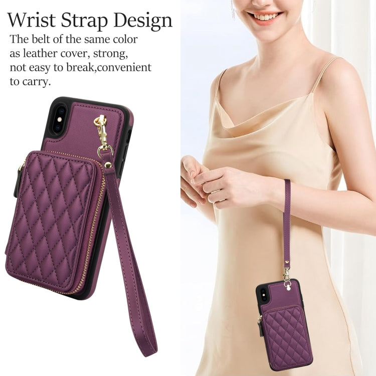 For iPhone XR AwQuer Crossbody Zipper Wallet Rhombic Leather Back Phone Case(Dark Purple)