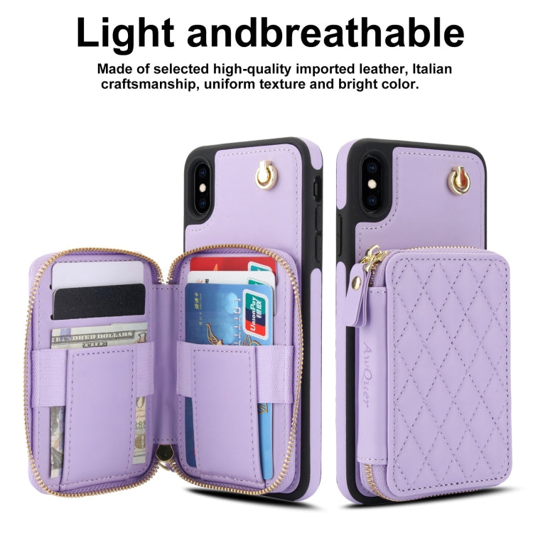 For iPhone XR AwQuer Crossbody Zipper Wallet Rhombic Leather Back Phone Case(Purple)