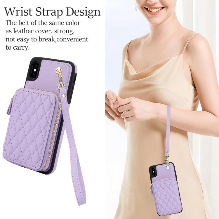 For iPhone XR AwQuer Crossbody Zipper Wallet Rhombic Leather Back Phone Case(Purple)