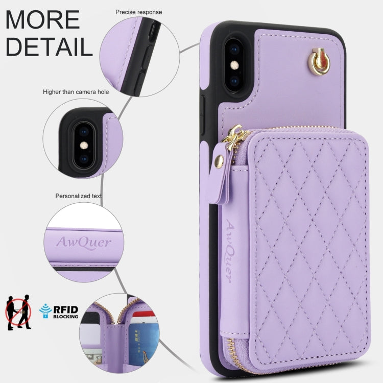 For iPhone XR AwQuer Crossbody Zipper Wallet Rhombic Leather Back Phone Case(Purple)
