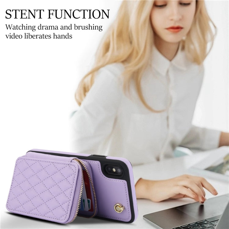 For iPhone XR AwQuer Crossbody Zipper Wallet Rhombic Leather Back Phone Case(Purple)