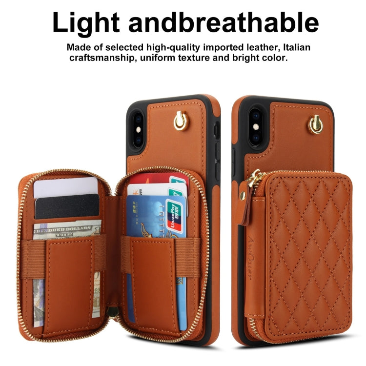 For iPhone XR AwQuer Crossbody Zipper Wallet Rhombic Leather Back Phone Case(Brown)