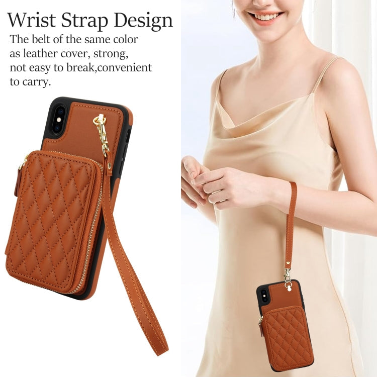For iPhone XR AwQuer Crossbody Zipper Wallet Rhombic Leather Back Phone Case(Brown)