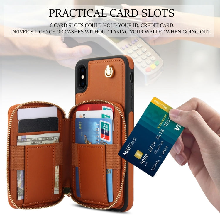For iPhone XR AwQuer Crossbody Zipper Wallet Rhombic Leather Back Phone Case(Brown)