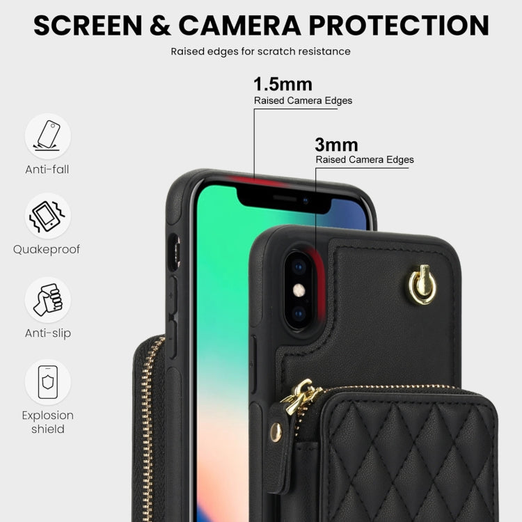 For iPhone XS Max AwQuer Crossbody Zipper Wallet Rhombic Leather Back Phone Case(Black)