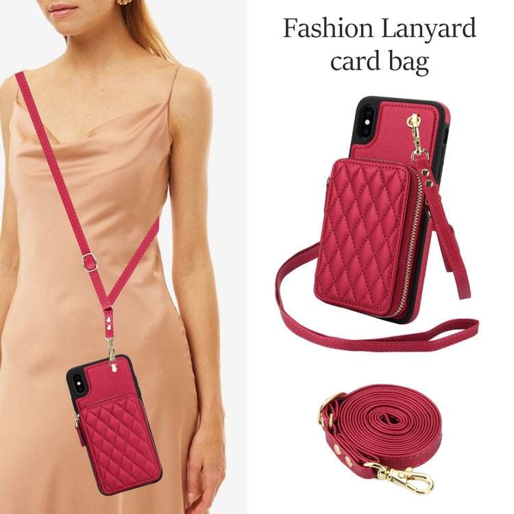 For iPhone XS Max AwQuer Crossbody Zipper Wallet Rhombic Leather Back Phone Case(Red)