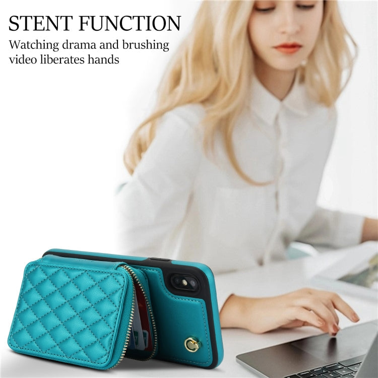 For iPhone XS Max AwQuer Crossbody Zipper Wallet Rhombic Leather Back Phone Case(Green)