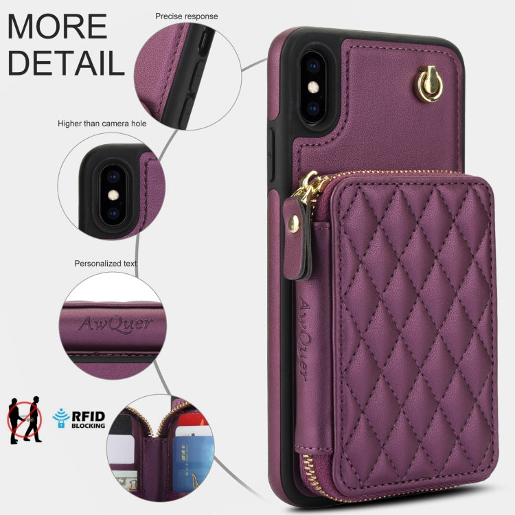 For iPhone XS Max AwQuer Crossbody Zipper Wallet Rhombic Leather Back Phone Case(Dark Purple)