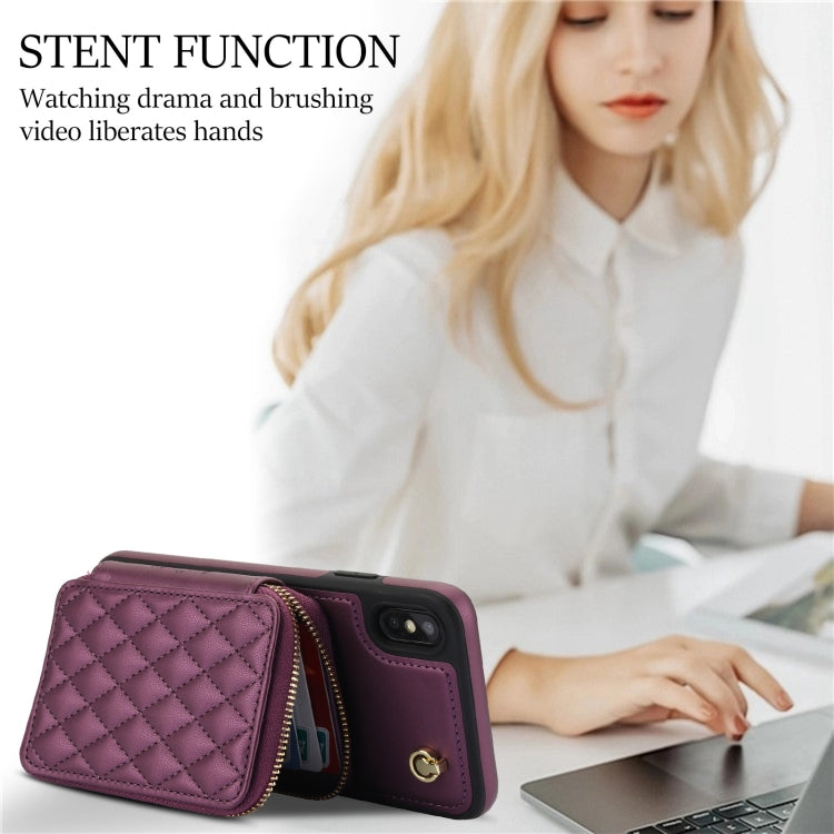 For iPhone XS Max AwQuer Crossbody Zipper Wallet Rhombic Leather Back Phone Case(Dark Purple)