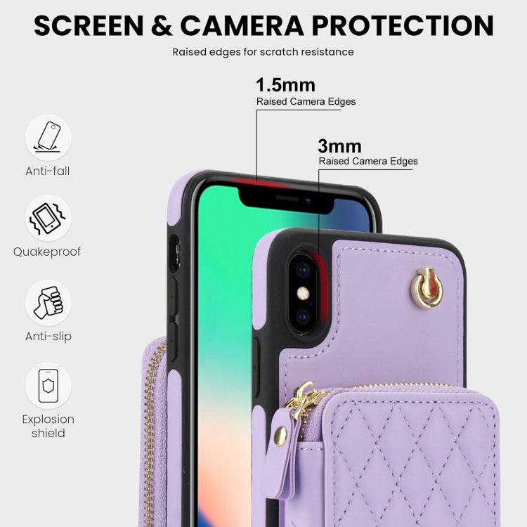 For iPhone XS Max AwQuer Crossbody Zipper Wallet Rhombic Leather Back Phone Case(Purple)