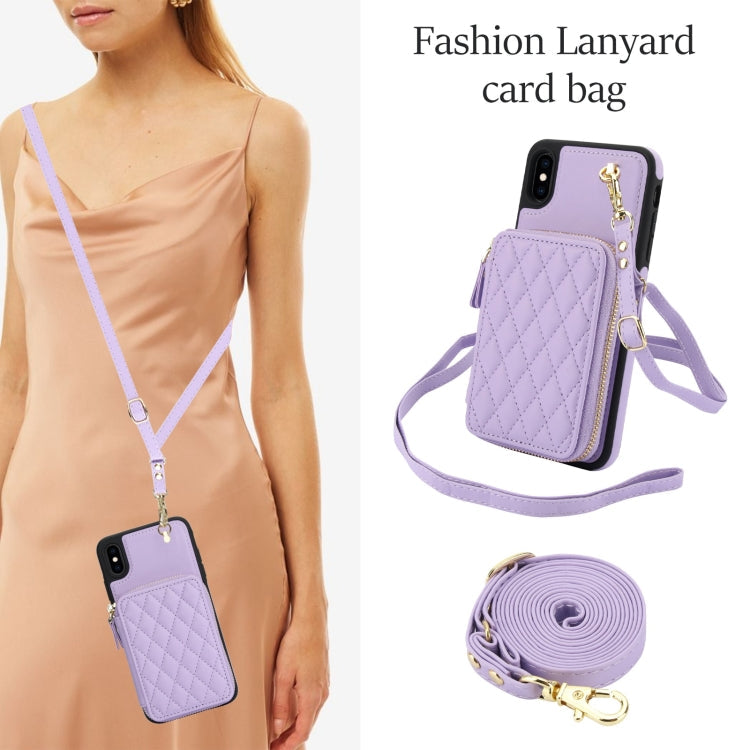 For iPhone XS Max AwQuer Crossbody Zipper Wallet Rhombic Leather Back Phone Case(Purple)
