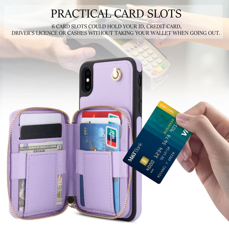 For iPhone XS Max AwQuer Crossbody Zipper Wallet Rhombic Leather Back Phone Case(Purple)