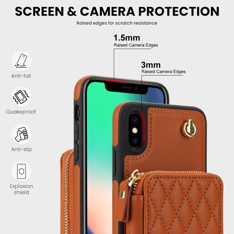 For iPhone XS Max AwQuer Crossbody Zipper Wallet Rhombic Leather Back Phone Case(Brown)