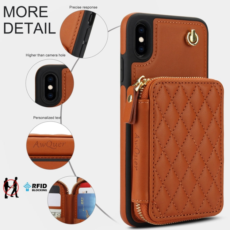 For iPhone XS Max AwQuer Crossbody Zipper Wallet Rhombic Leather Back Phone Case(Brown)
