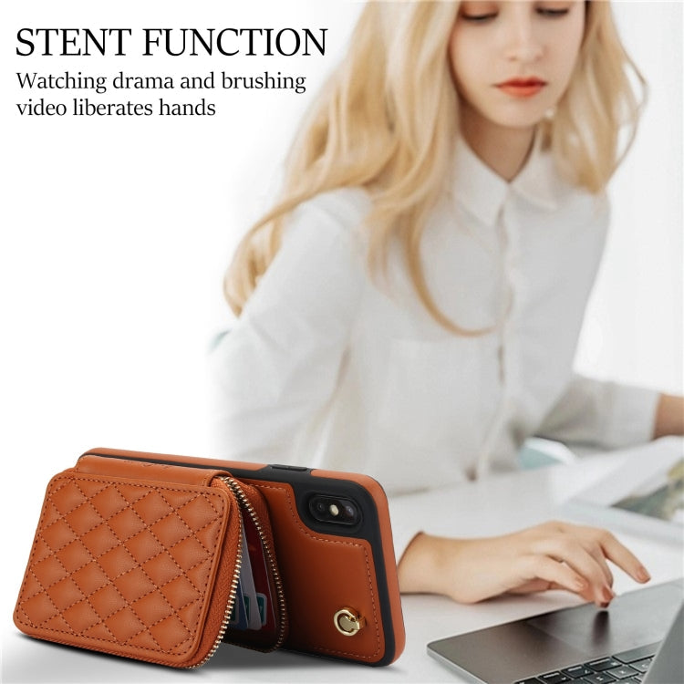 For iPhone XS Max AwQuer Crossbody Zipper Wallet Rhombic Leather Back Phone Case(Brown)