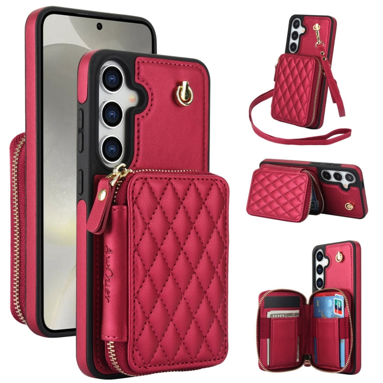 For Samsung Galaxy S24 / S25 5G AwQuer Crossbody Zipper Wallet Rhombic Leather Back Phone Case(Red)