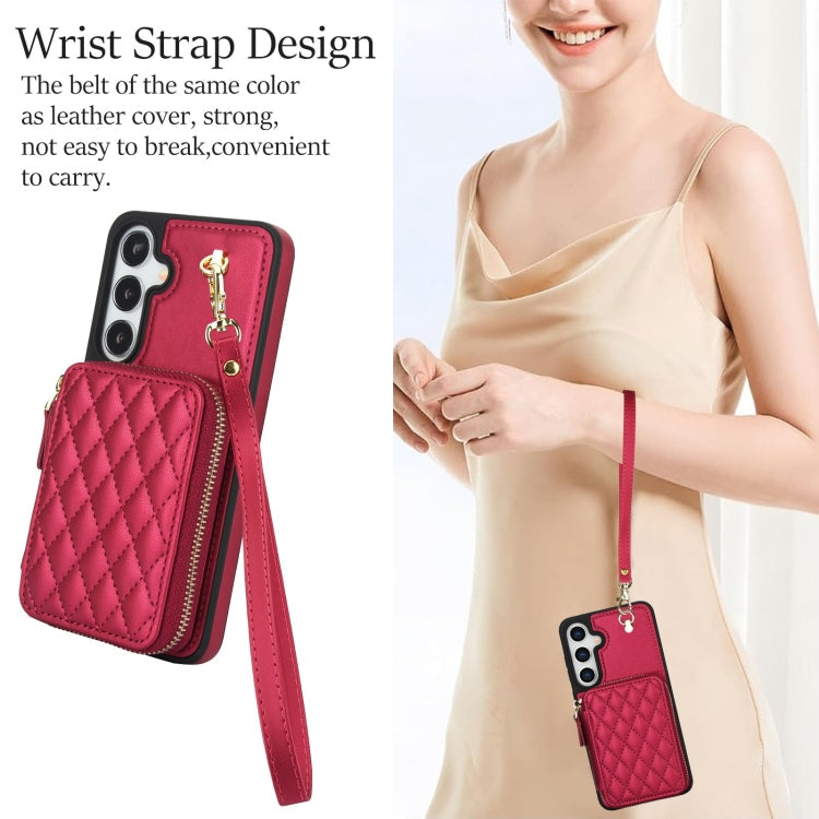 For Samsung Galaxy S24 / S25 5G AwQuer Crossbody Zipper Wallet Rhombic Leather Back Phone Case(Red)