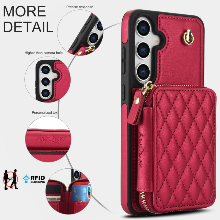 For Samsung Galaxy S24 / S25 5G AwQuer Crossbody Zipper Wallet Rhombic Leather Back Phone Case(Red)