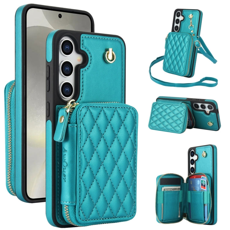 For Samsung Galaxy S24 / S25 5G AwQuer Crossbody Zipper Wallet Rhombic Leather Back Phone Case(Green)