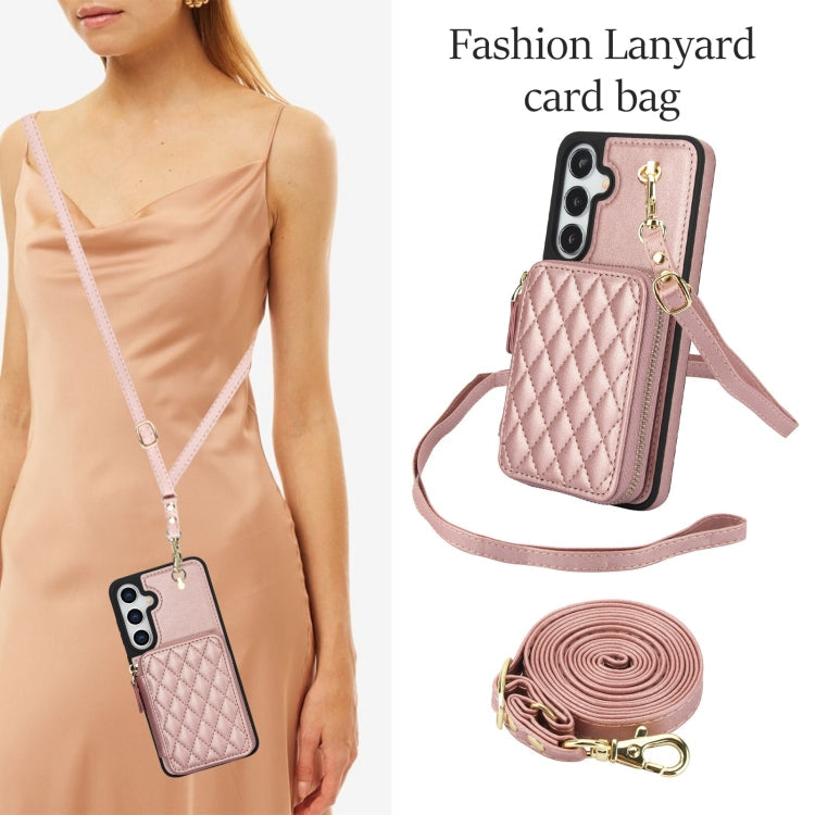For Samsung Galaxy S24 / S25 5G AwQuer Crossbody Zipper Wallet Rhombic Leather Back Phone Case(Rose Gold)