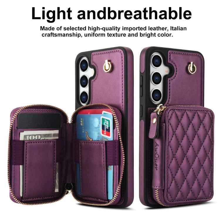 For Samsung Galaxy S24 / S25 5G AwQuer Crossbody Zipper Wallet Rhombic Leather Back Phone Case(Dark Purple)