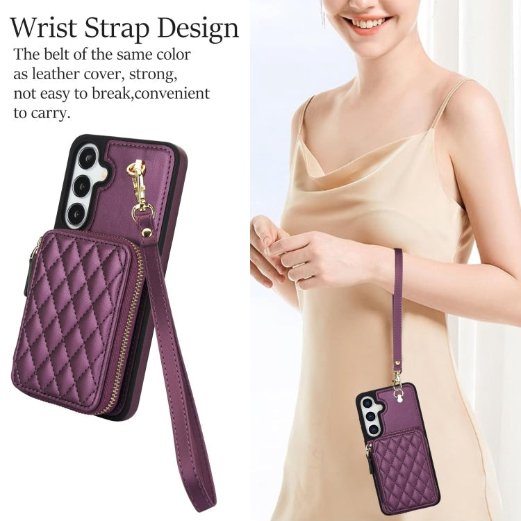For Samsung Galaxy S24 / S25 5G AwQuer Crossbody Zipper Wallet Rhombic Leather Back Phone Case(Dark Purple)