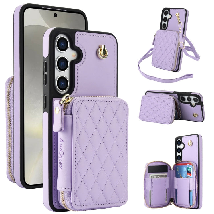 For Samsung Galaxy S24 / S25 5G AwQuer Crossbody Zipper Wallet Rhombic Leather Back Phone Case(Purple)