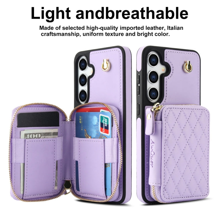 For Samsung Galaxy S24 / S25 5G AwQuer Crossbody Zipper Wallet Rhombic Leather Back Phone Case(Purple)
