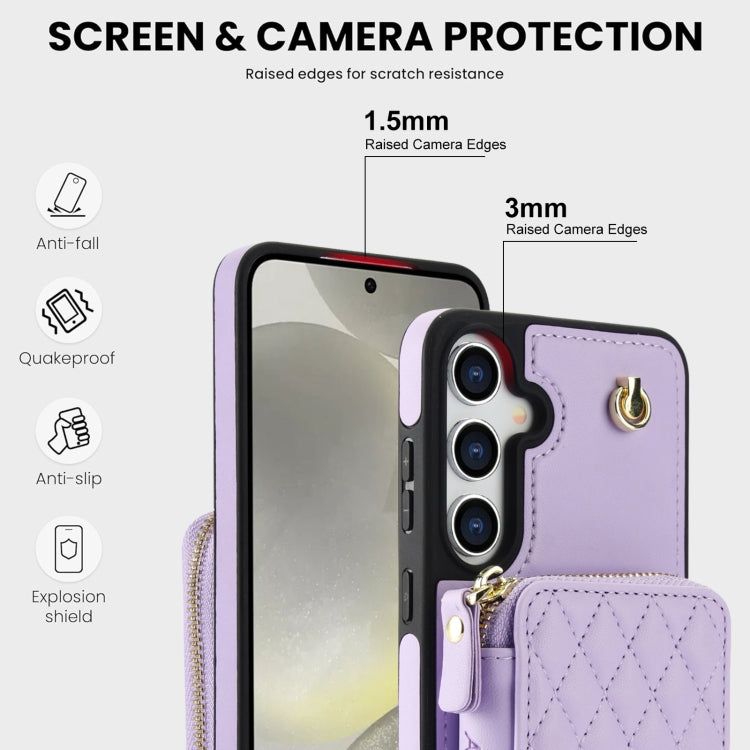 For Samsung Galaxy S24 / S25 5G AwQuer Crossbody Zipper Wallet Rhombic Leather Back Phone Case(Purple)