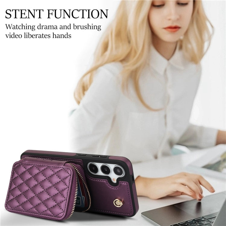 For Samsung Galaxy S24+ / S25+ 5G AwQuer Crossbody Zipper Wallet Rhombic Leather Back Phone Case(Dark Purple)