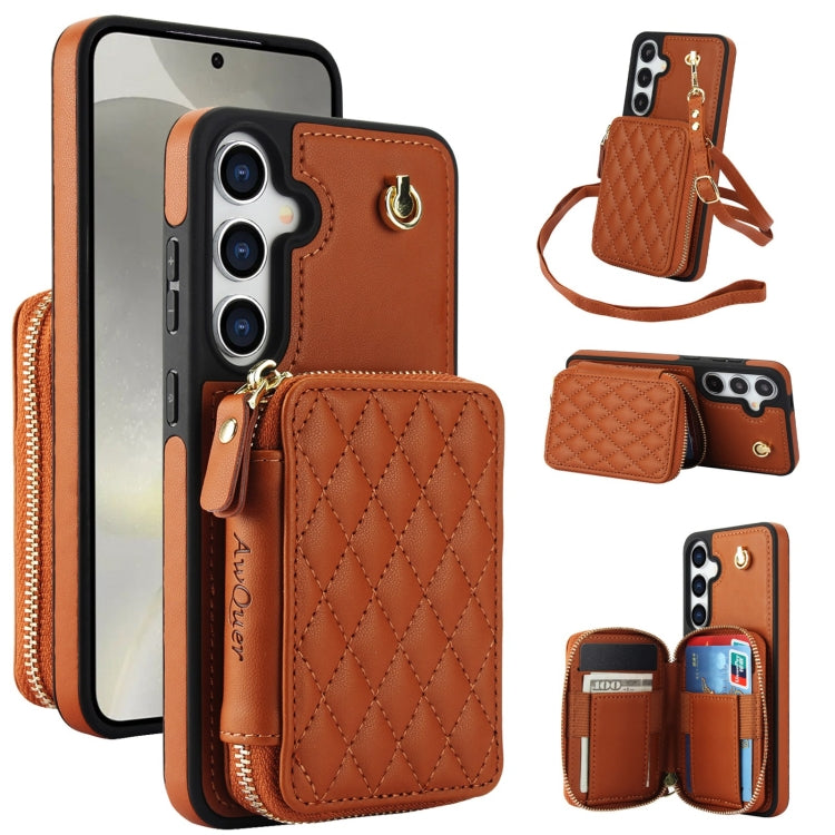 For Samsung Galaxy S24+ / S25+ 5G AwQuer Crossbody Zipper Wallet Rhombic Leather Back Phone Case(Brown)